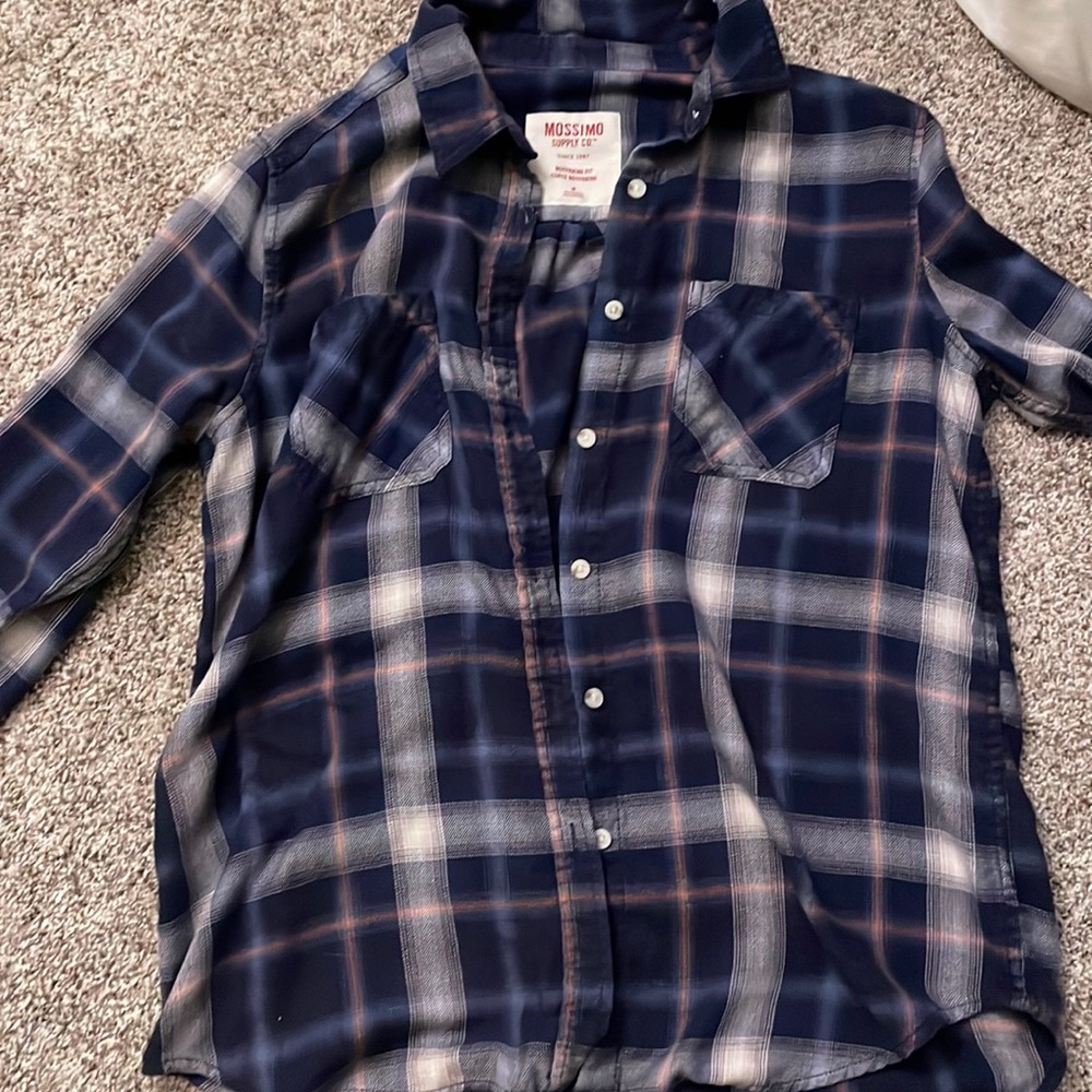 Blue with red and white, boyfriend fit flannel.